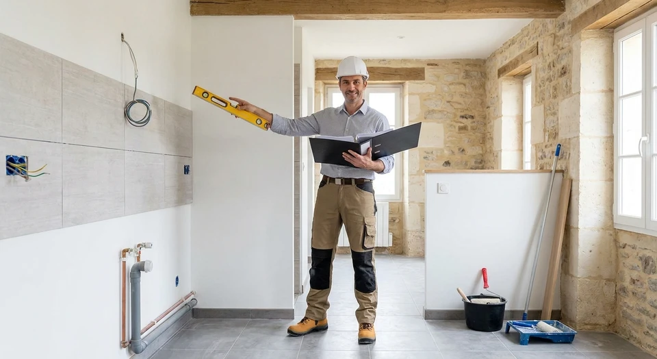 &Eacute;lectricien professionnel travaillant sur installation &eacute;lectrique murale int&eacute;rieure, portant gants de s&eacute;curit&eacute; orange et noir