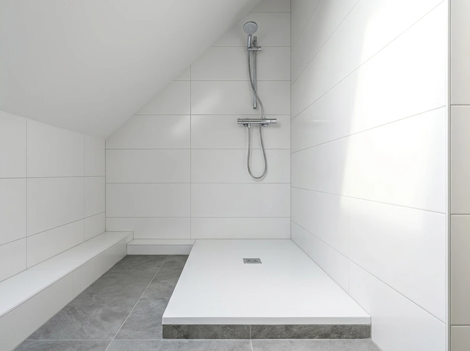Douche à l'italienne dans une salle de bains mansardée, entièrement carrelée en grand format blanc mat
