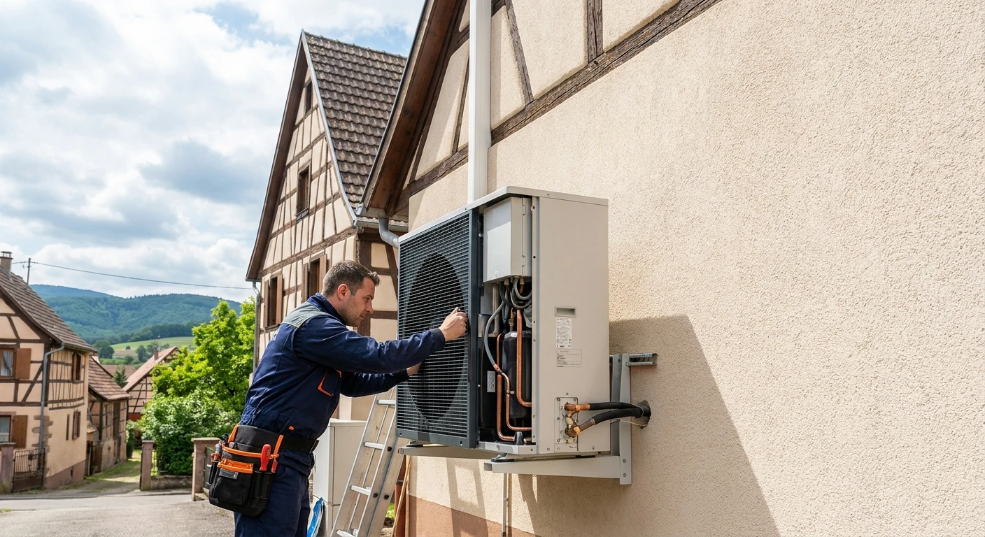 Unité extérieure d'une pompe à chaleur air-air ou air-eau montée sur la façade extérieure d'une maison résidentielle, photographiée en plein jour. Un technicien en tenue professionnelle effectue l'installation ou fait un contrôle de maintenance. La maison doit être une résidence particulière classique, typique de la région Alsace. La photo doit être réaliste, nette et de qualité professionnelle, mettant en avant l'équipement et le professionnalisme de l'installation.
