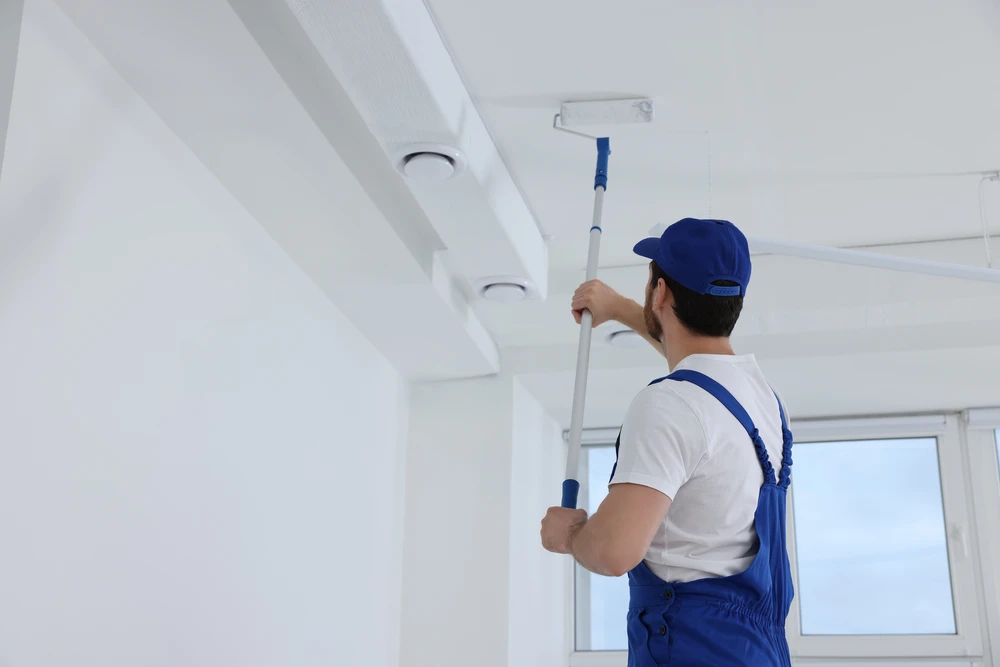 Vue arrière d'un peintre masculin en uniforme blanc avec seau et rouleau à peinture dans les mains allant peindre un mur gris dans une pièce vide