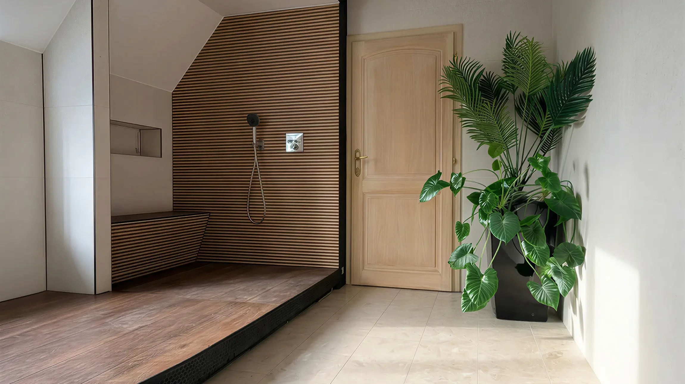 Int&eacute;rieur en cours de r&eacute;novation avec artisan peintre appliquant de la peinture murale
