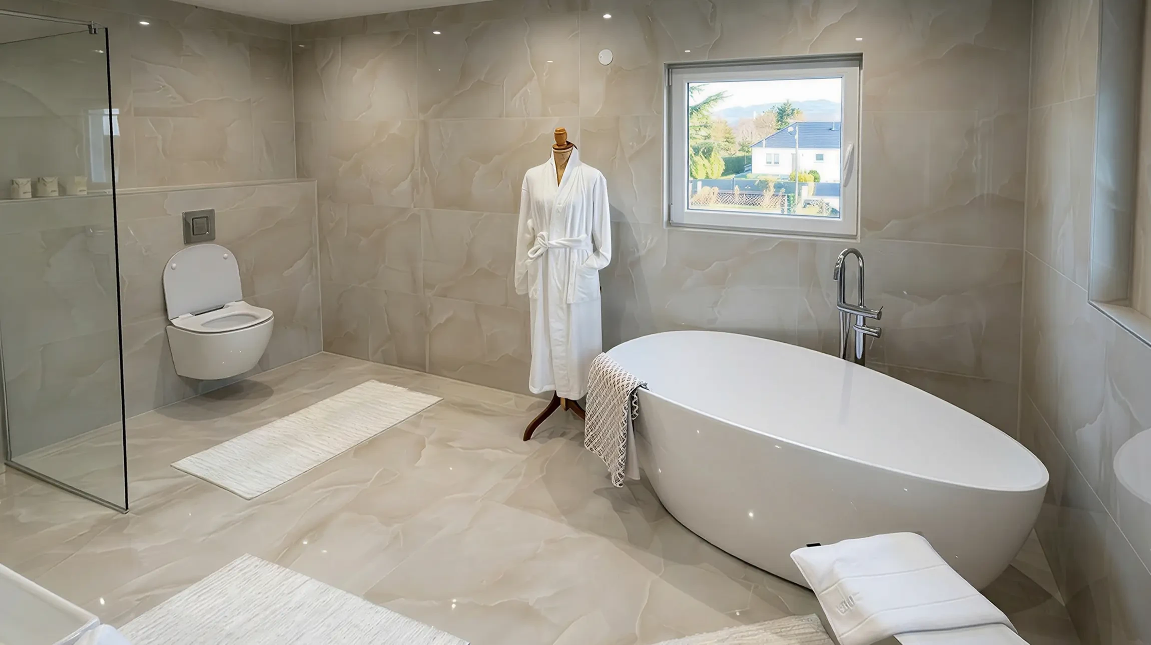 Salle de bain moderne haut de gamme avec douche &agrave; l'italienne vitr&eacute;e, meuble vasque suspendu en bois textur&eacute;, miroir r&eacute;tro&eacute;clair&eacute; LED