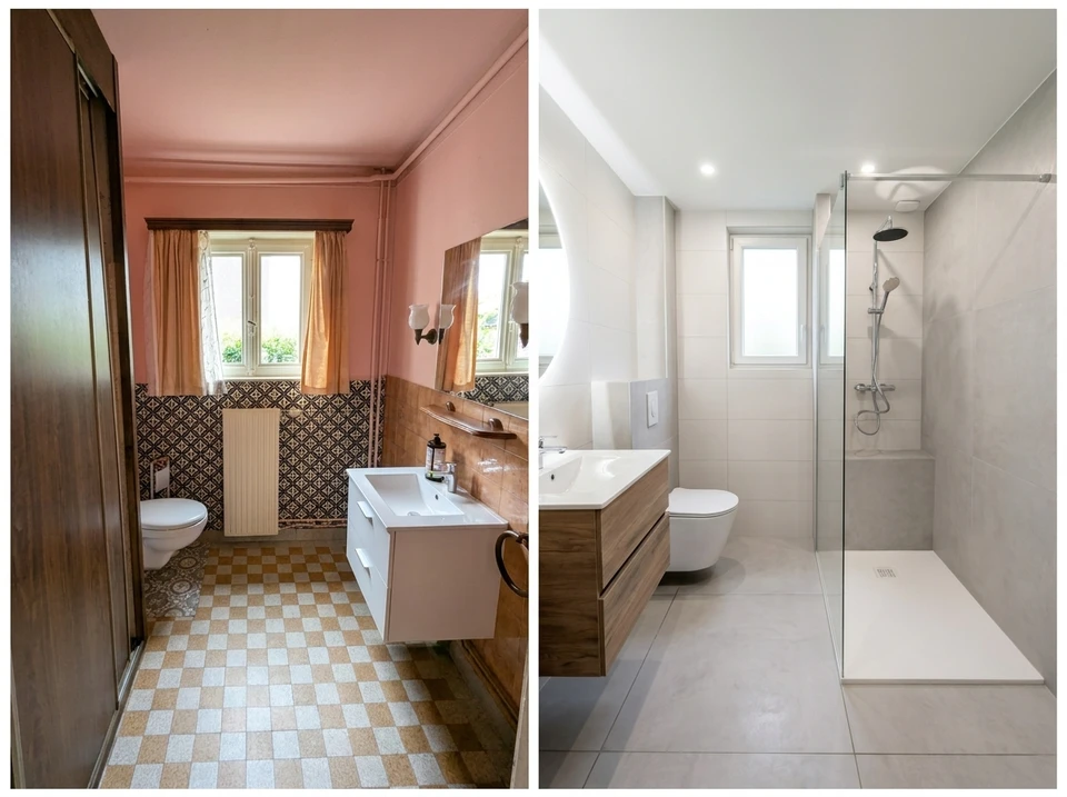 Photographie d'un artisan ou responsable de chantier en tenue professionnelle inspectant et supervisant une salle de bains en cours de rénovation, avec plusieurs corps de métier visibles en arrière-plan (plomberie, carrelage, électricité), illustrant une prise en charge complète et coordonnée du projet de rénovation.