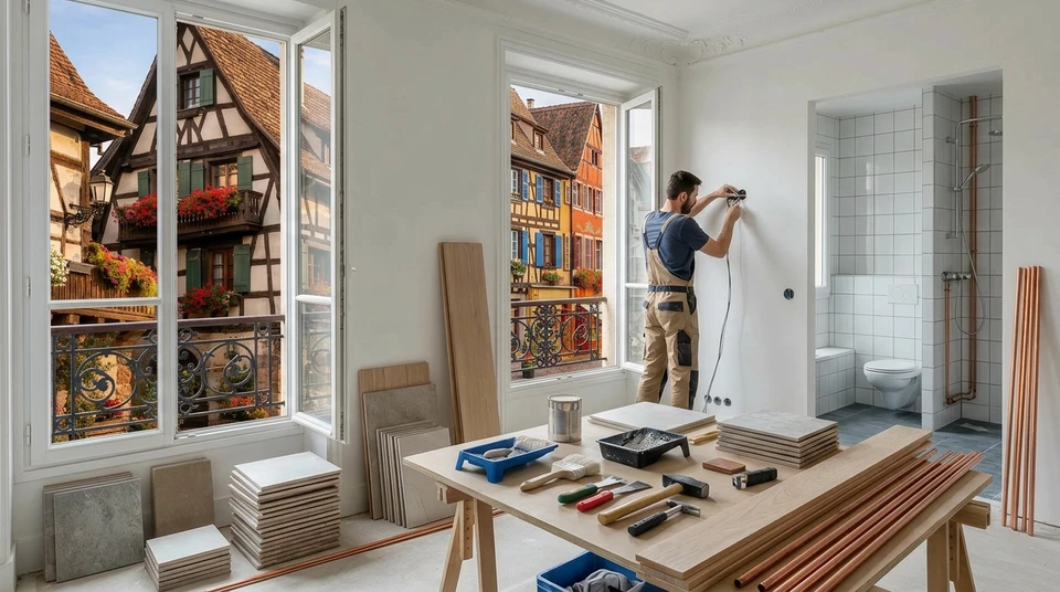 Une photographie montrant un artisan ou un équipe dans un intérieur résidentiel pendant une rénovation globale. La scène doit montrer un professionnel travaillant sur plusieurs domaines visibles à la fois : par exemple, en arrière-plan une salle de bain en cours de rénovation avec carrelage et sanitaires, en premier plan des outils de peinture ou de menuiserie, et des matériaux variés (bois, carrelage, tuyauterie) visibles dans l'espace. L'image doit transmettre la compétence, la rigueur et la capacité à gérer une rénovation complète et multidisciplinaire. Style : photographie réaliste d'un chantier de rénovation intérieure professionnel et organisé.